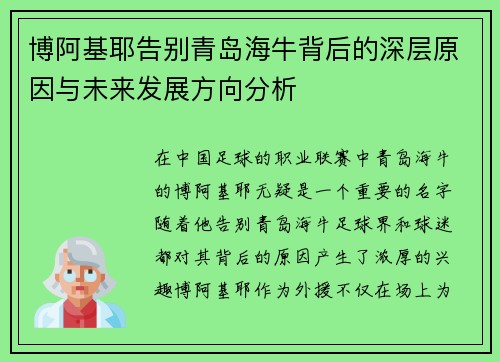 博阿基耶告别青岛海牛背后的深层原因与未来发展方向分析